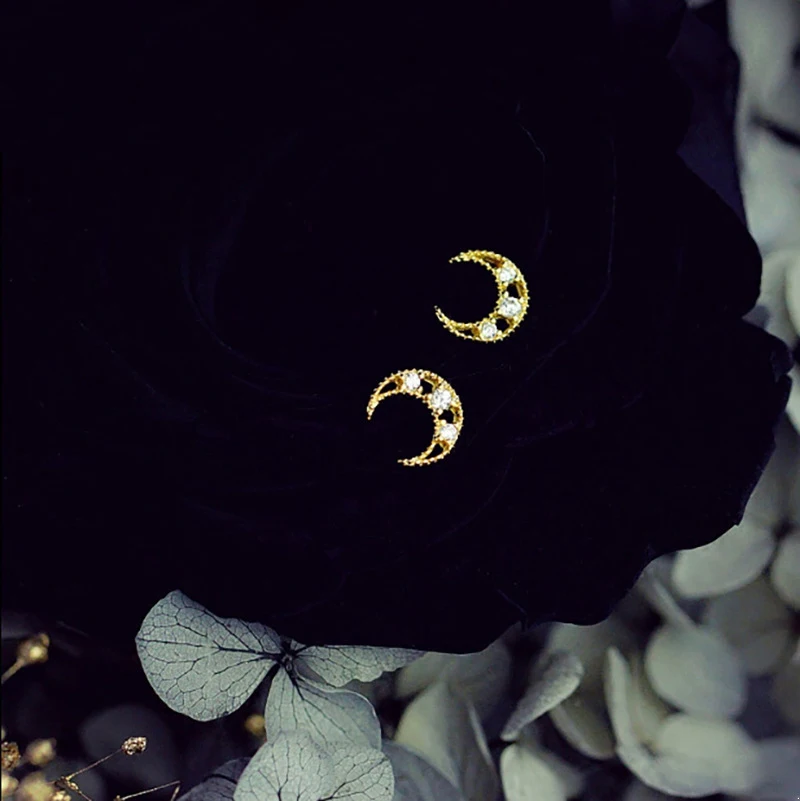 Изысканные серьги-гвоздики с Луной и цирконием для женщин, 925 пробы, серебряный, золотой полумесяц, Женский светильник, Роскошные Полые Мини ювелирные изделия, подарок