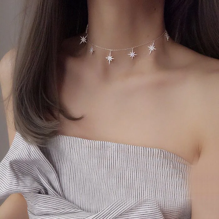 

2019 luxury wedding daily choker chain star charm northstar sparking micro pave cz high quality choker star necklace