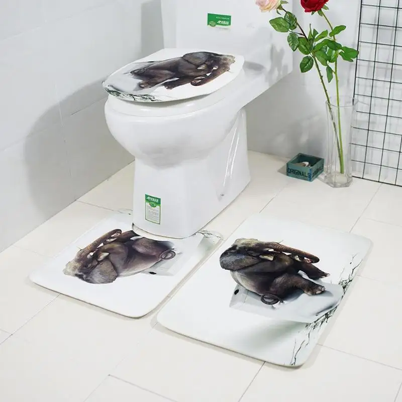 

3pcs/set Elephant Print Anti Slip Water Absorb Floor Rug Carpet Bathroom Mat Polyester Toilet Mat Sets of Bath Mat Home Decor