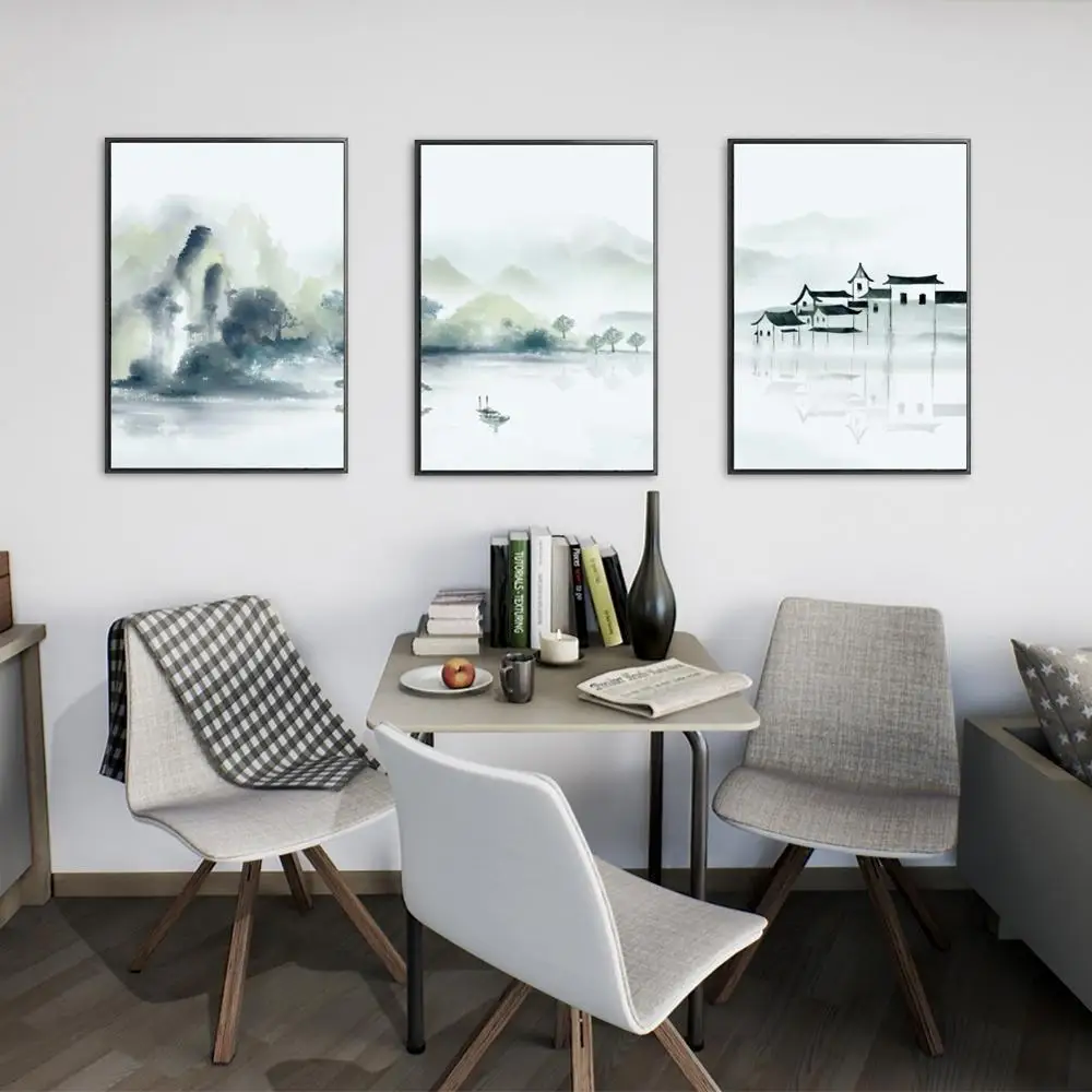 3Pcs/Lot UnFramed Painting & Calligraphy Landscape DIY Chinese Style Smoke and Rain Town Home Decor For Living Room | Дом и сад