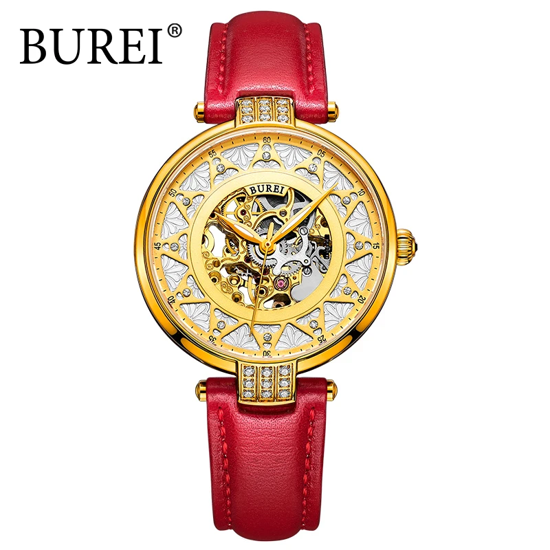BUREI Automatic Watch Women font b Luxury b font Leather Sapphire Red Waterproof font b Mechanical