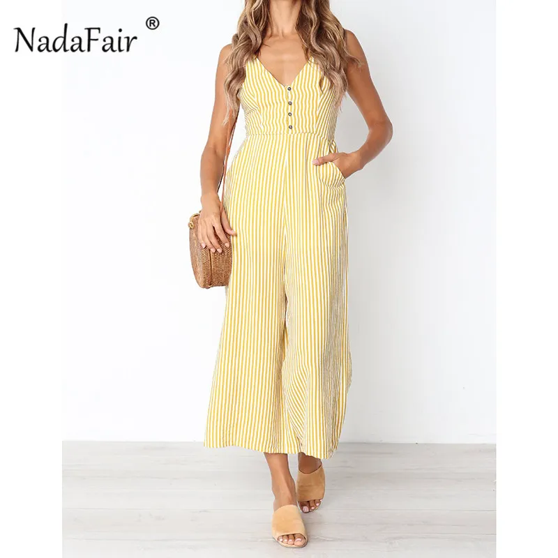 

Nadafair casual striped jumpsuits women rompers 2019 v neck packages summer beach wide leg long pants jumpsuits