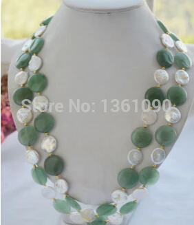 

0001004 20mm coin white freshwater pearl green jade NECKLACE