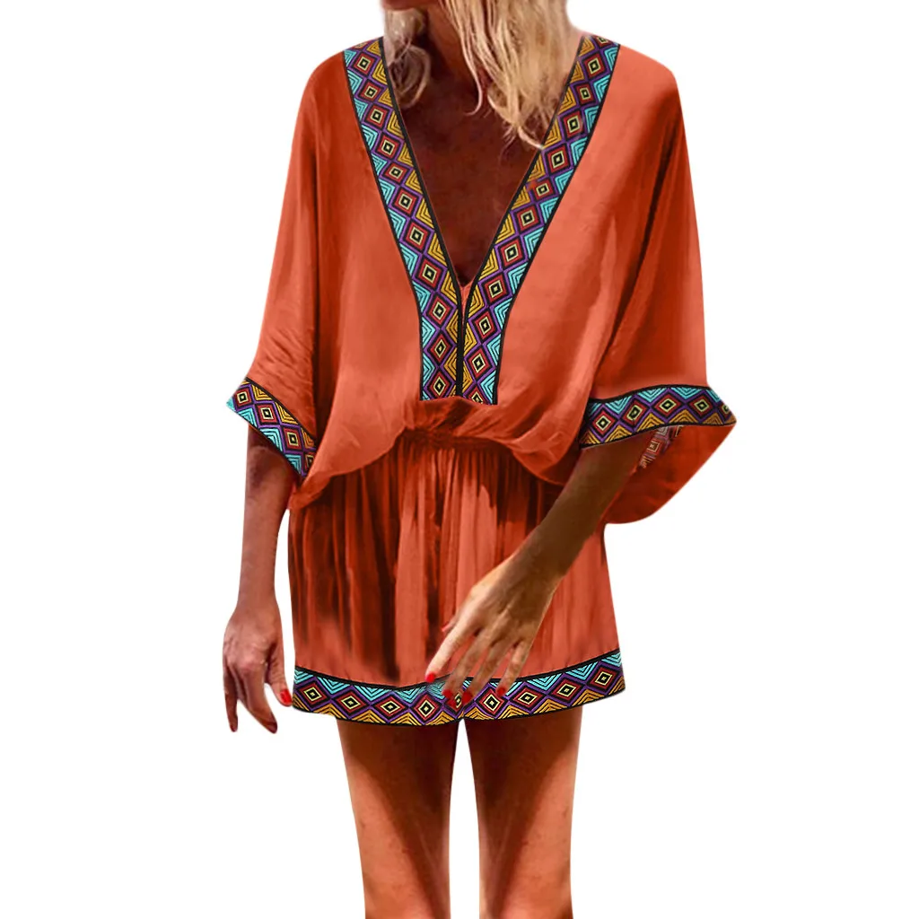 B jumpsuit bodysuitWomen's Casual Beach Lace Patchwork V-Neck 3/4 Flare Sleeve Romper Playsuits боди для женщин Purchasing - Цвет: B