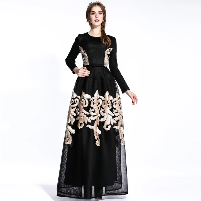 Elegant Dress 2017 Spring Autumn European Fashion New Casual Full Sleeve Gold Thread Embroidery Black Mesh