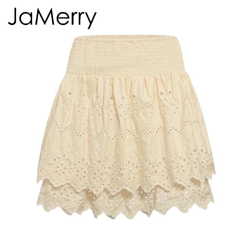 JaMerry Elegant embroidery lace blouse women Summer short sleeve ruffle hollow out tops Fashion ladies solid blouses and tops