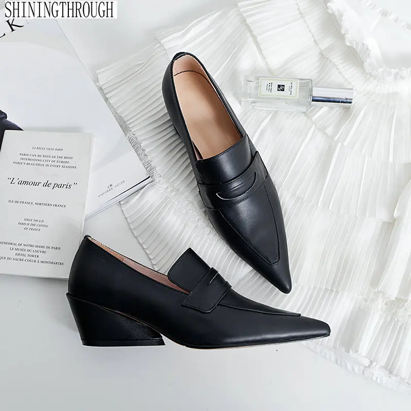 

Neutral spring autumn ladies single shoes pointed toe square heel women genuine leather low heels shoes