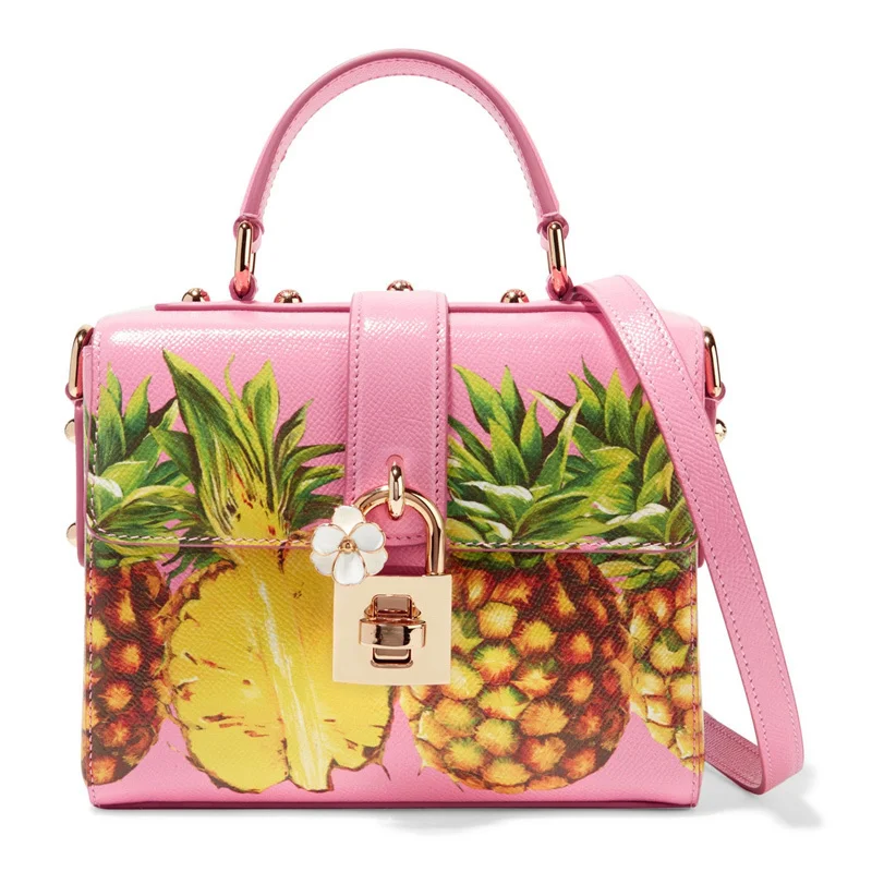 

Exquisite Artwork Italy Sicily Bag Women Fruit Printing Designer Tote Bag Famous Brand Genuine Leather Female Locks Shoulder Bag