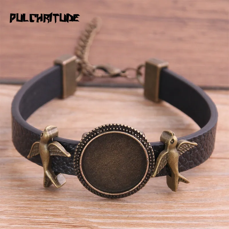 1pcs 6 Color PU Bracelet Bronze Animal Bird Base Setting Cuff Blank Trays Brazel Fit 18mm Glass Cameo Dome Cabochon DIY Jewelry | Украшения