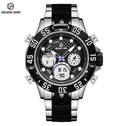 GOLDENHOUR Männer Militär Sport Uhr Männer LED Analog Digital Uhr Armee Edelstahl Quarz geschenk_voghion.com