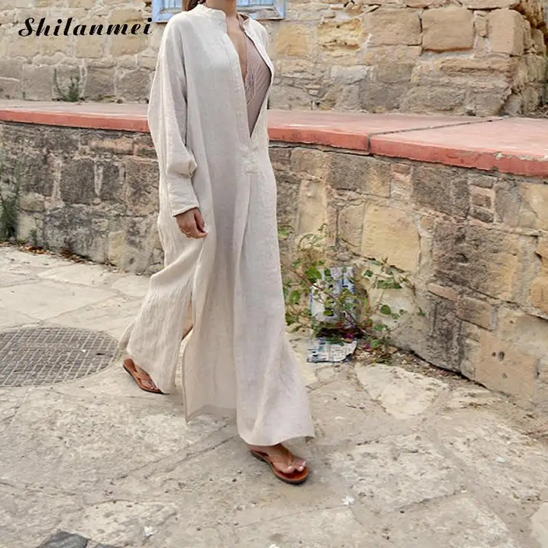 

Sexy Women Vintage Boho Dresses Casual 2018 New Cotton Linen Long Sleeve Maxi Dress Solid Deep V Split Female Maxi Shirt Dresses