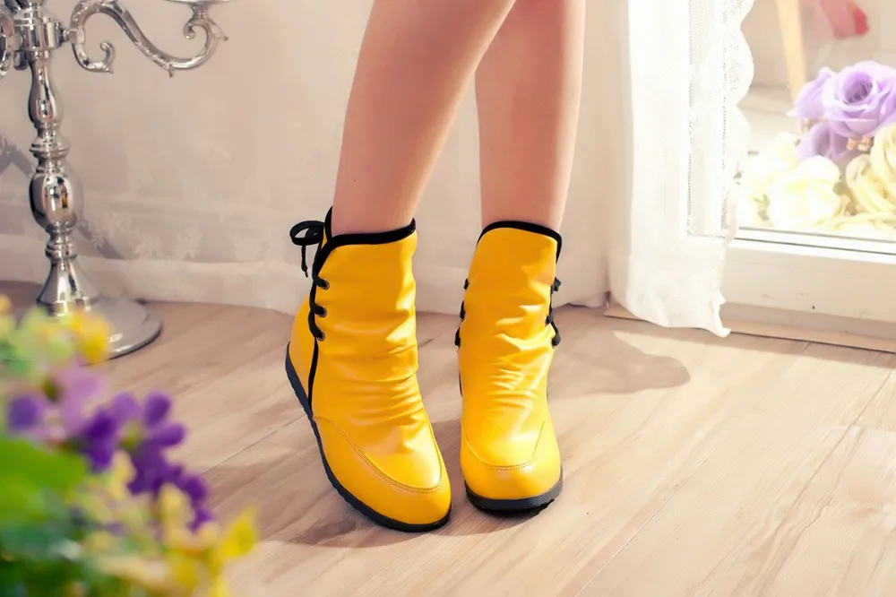 Модная зимняя женская обувь большой размер 34–43 однотонные женские зимние ботильоны из искусственной кожи PU на высоком каблуке на шнуровке белого цвета для досуга HH-H518