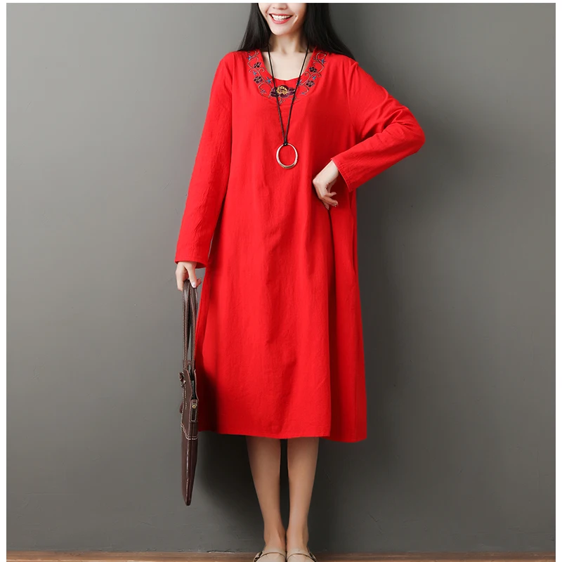 

Saiqigui fashion Autumn dress long sleeve women dress casual Loose A-Line Embroidery Cotton Linen dress O-Neck vestidos