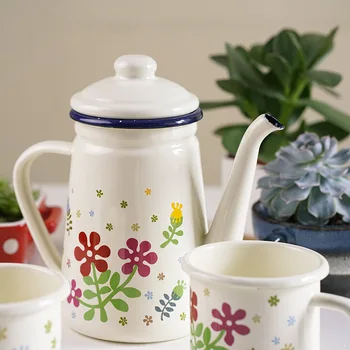 

Flower Series 1.1l Enamel Coffee Pot Fine Mouth Hand Pot Teapot Kitchen Oil Pot