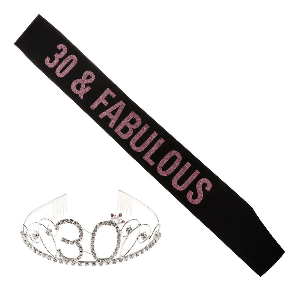 30th Birthday Tiara And Sash Set 30 & Fabulous Glitter Satin Sash Rhinestone Tiara
