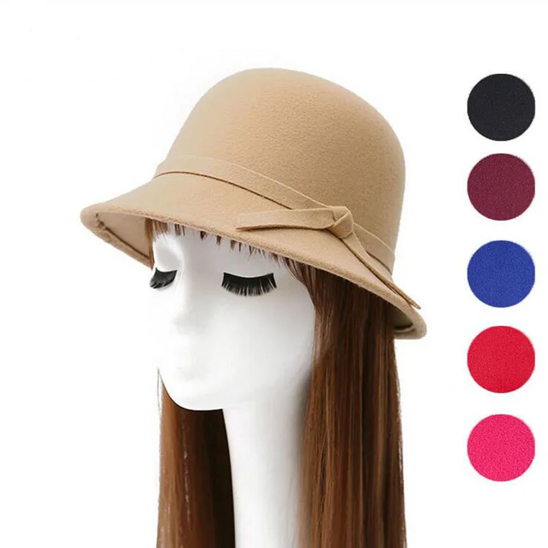 

2017 new 6 colours women hat bowknot wool Fedoras cap Basin of dome woolen cloth hat female cloth Basin cap free shipping