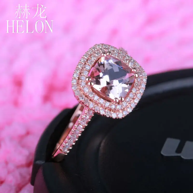 Helon Jewelry Твердые 10 К розовое золото 6 мм Подушки 0.85ct розовый морганит проложить 0.3ct настоящий бриллиант haloes Обручение Свадебные кольцо