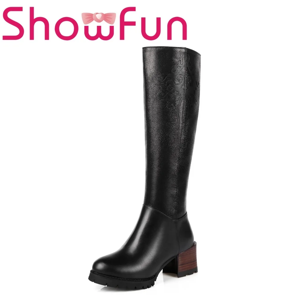 

Showfun genuine leather shoes woman winter solid knee-high round toe zipper short plush square heel boots