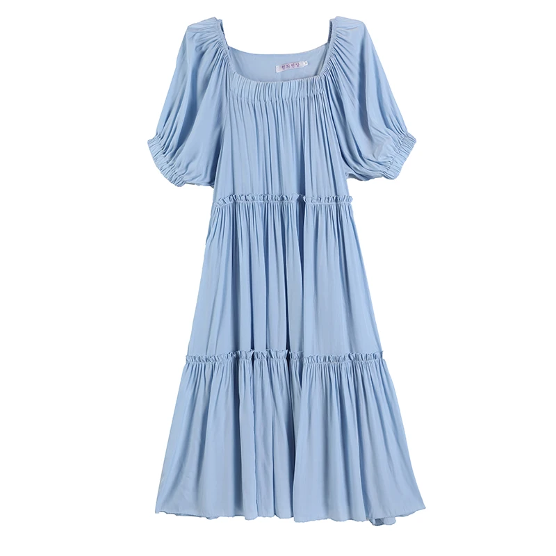 

Blue/Green pregnant women summer clothes short lantern sleeve square collar plus size pleated empire maternity dress wholesale