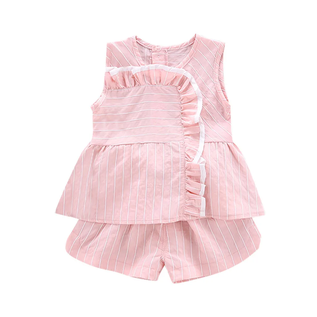 

Girls Pink Dress for Infant Girl Summer Ruffles Stroped Clothing for Girls Sleeveless Tops Shirt+Shorts Pants 2019 Suit Sets