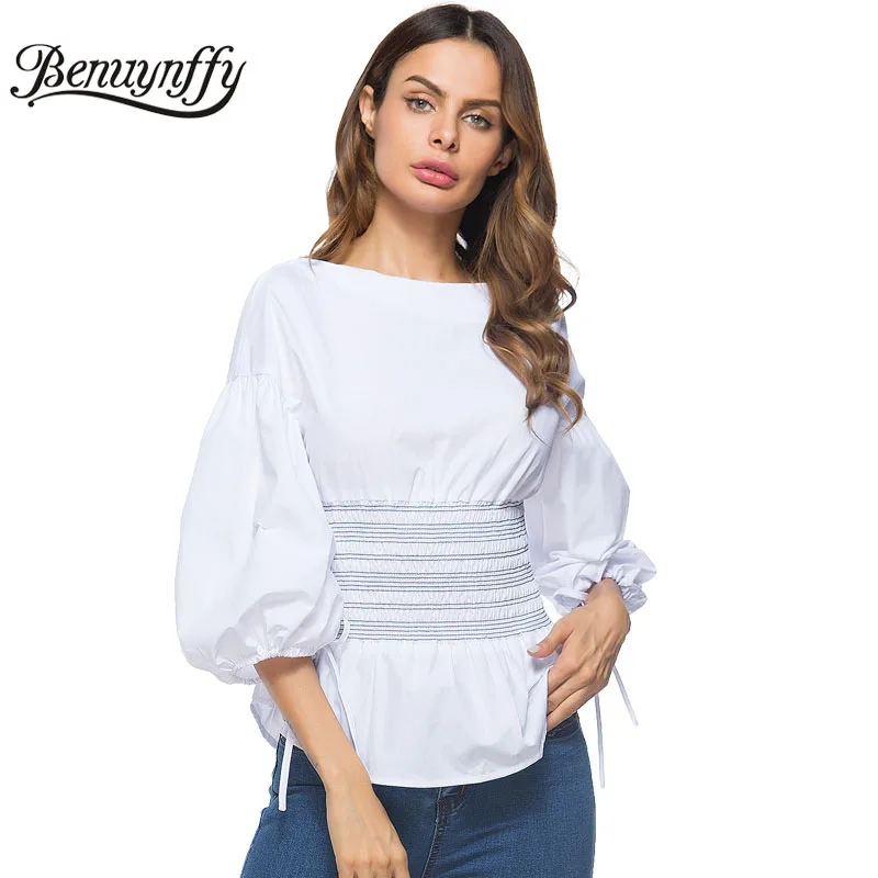 

Benuynffy Ladies New Arrival Puff Sleeve Blouse Tops Fashion 2019 Women Elastic Waist Tie 3/4 Sleeve White Elegant Blouse X555