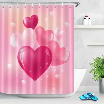 

Valentine Heart Polyester Shower Curtain Pink Waterproof Water Repellent Bathroom Extra Long Fabric Bath Curtains for Home Decor