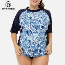 Attraco Rashguard Women Short Sleeve Retro Floral Print Swimsuit Shirt Womens Plus Size Swimwear UPF50+ Rash Guard Beach Wear plus size short sleeve floral pattern swimwear for women