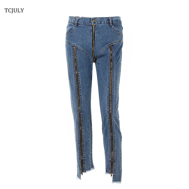 TCJULY Fashion Jeans With Zipper Back Bottom Irregular Design Slim Streetwear Blue Jeans Cotton Stretch Jeans Cowboy Pants Woman