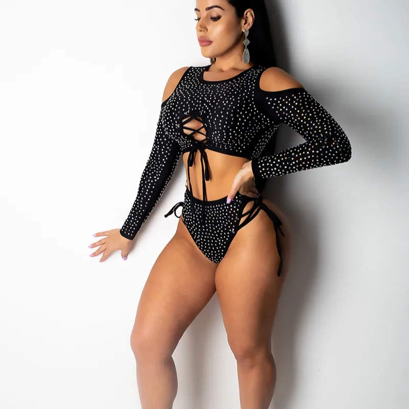 

Summer Shinny Bikini Set Women's Crystal Long Sleeve Top+Bottoms Bikini Set Female Sexy Swimwear Beachwear Bathing Suits Outfits