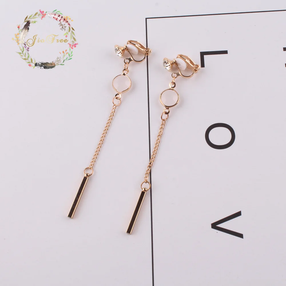 

JIOFREE Korea Style long Cubic zirconia geometry elegant Clip on Earrings Non Piercing for Women Party Wedding Elegant Accessory