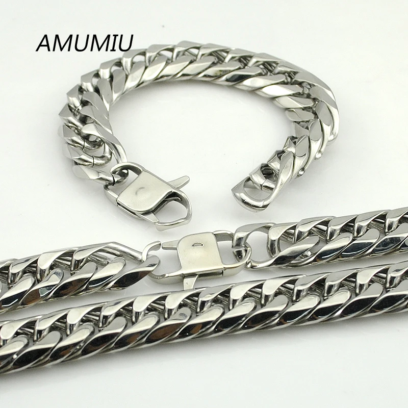 

AMUMIU 17MM BIG Long Silver Color Top Quality Necklace Bracelet Sets Stainless Steel Chains Man's Jewellry Wholesale HZTZ079