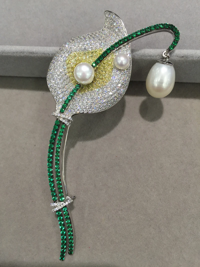 

Romantic flower brooch solid silver with cubic zircon fashion women jewelry Calla Lily brooch for dress or coat pearl