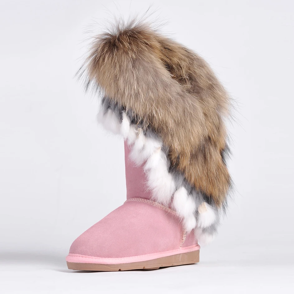 RUIYEE/женские зимние ботинки; модные кожаные зимние ботинки; большие размеры; ботинки с лисьим мехом и кроличьим мехом; Новинка года; женские ботинки - Цвет: pink high tube