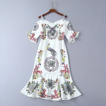 

New clothes for women in Europe and America for the summer of 2019 Flared sleeves off-the-shoulder v-neck Fishtail dress beaded