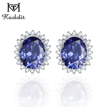 

Kuololit Solid 925 Sterling Silver Stud Earrings For Women Tanzanite Gemstone Wedding Anniversary Jewelry New