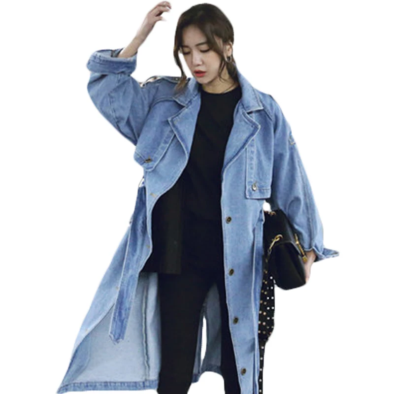 

Spring Autumn Loose Denim windbreak Women Personality Jeans Trench Coat Long Sleeved Single Breasted Outerwear with Belt XH948