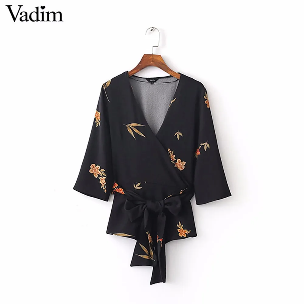 Vintage V Neck Plaid Tops and Blouses Women Chiffon