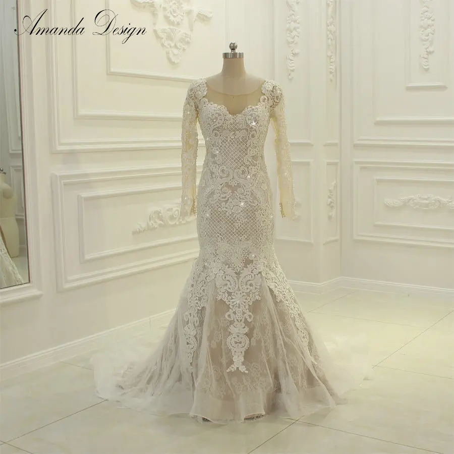 

Amanda Design hochzeitskleid Luxury Handwork Beading Long Sleeve Mermaid Champagne Wedding Dress