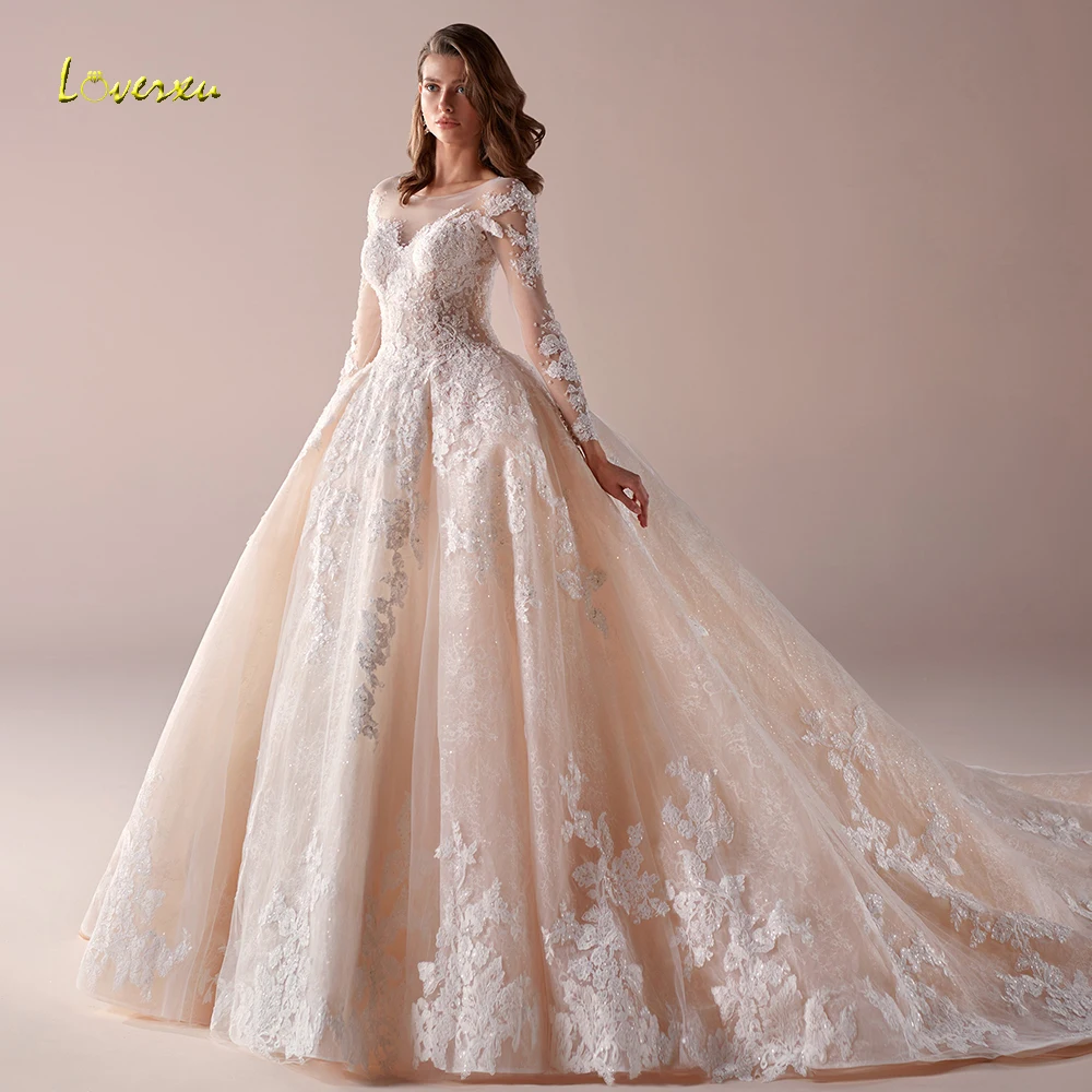 

Loverxu Alluring Scoop Ball Gown Wedding Dress 2019 Applique Beading Sleeveless Bride Dress Cathedral Train Bride Gown Plus Size