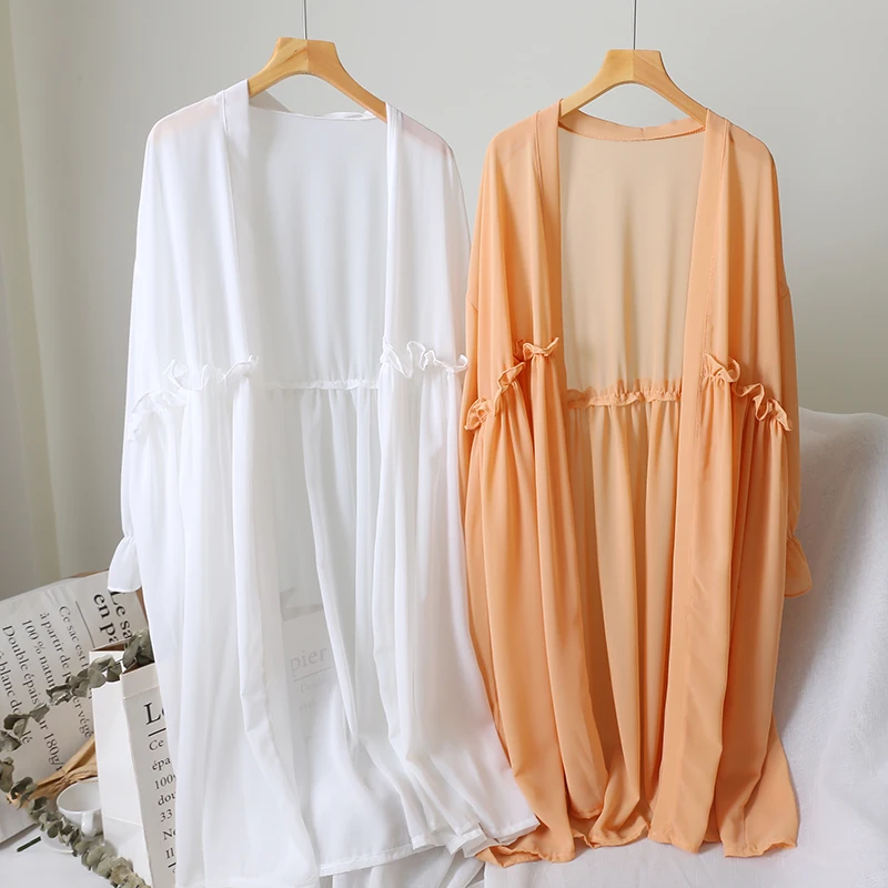 Женский летний пляжный кардиган Boho шифоновый с кружевными оборками подходит ко