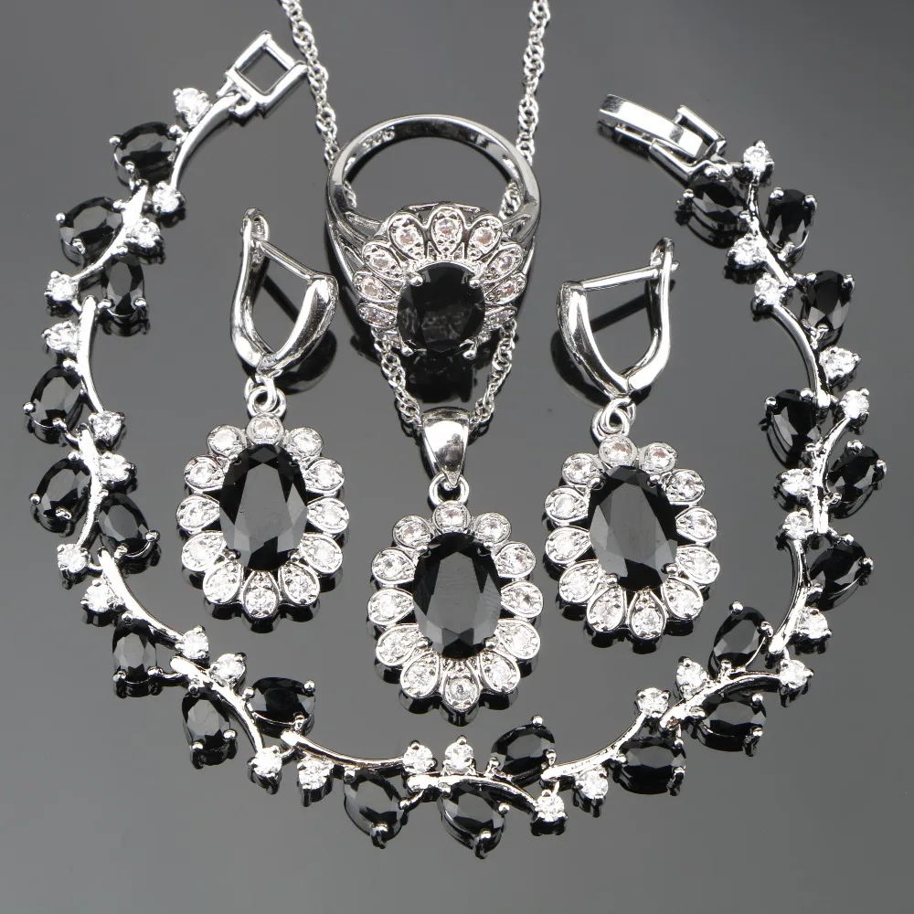 

Christmas Gift Black Cubic Zirconia 925 Sterling Silver Jewelry Sets For Women Earrings/Pendant/Necklace/Rings/Bracelets