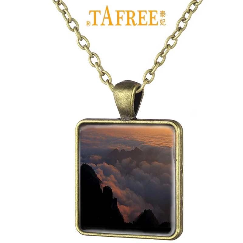 

TAFREE Wudang Mountain Chinese Scenery Art Picture Square Necklace Antique Bronze Plated Glass Cabochon Dome Jewelry WD01