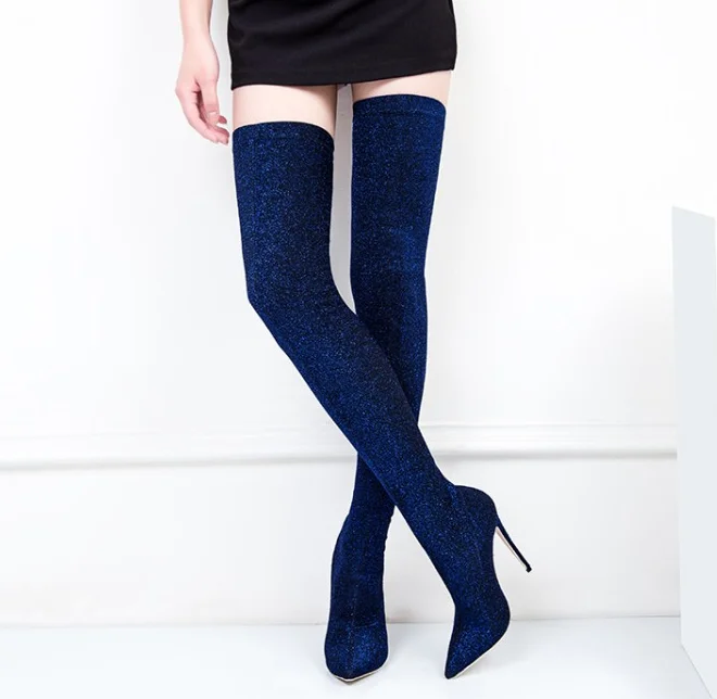 Модные сапоги выше колена с блестящими пайетками; пикантные женские сапоги с острым носком; очень высокая Полустелька; эластичные сапоги до бедра - Цвет: Синий