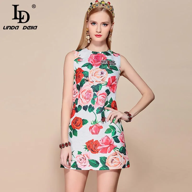 

LD LINDA DELLA 2019 Fashion Runway Summer Dress Women's Sleeveless A Line Elegant Rose Floral Print Casual Mini Dress vestidos