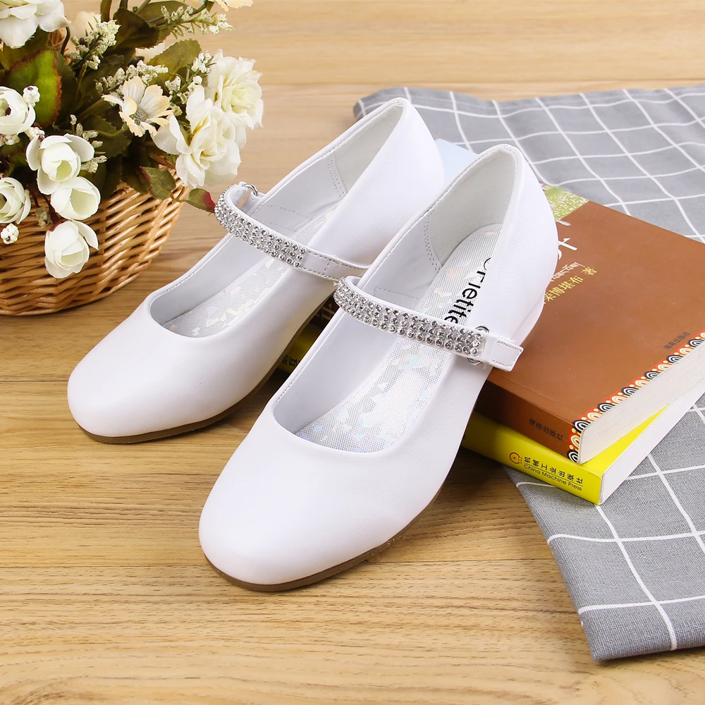 Princess Kids Genuine Leather Shoes For Girls Crystal Casual Glitter Children 2.5cm Low Heel Girls White Party Shoes Fletiter