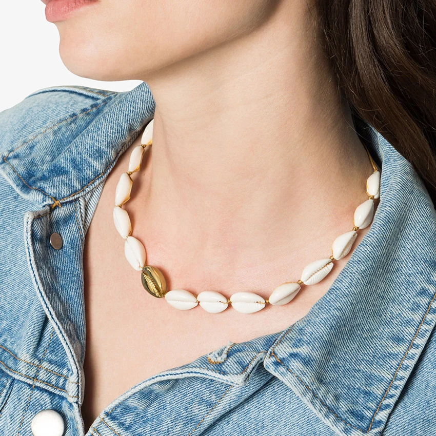 

Wholesale Puka Natural gold cowrie Shell necklace for women best friend cowry seashell femme bohemian jewellry bijoux collier