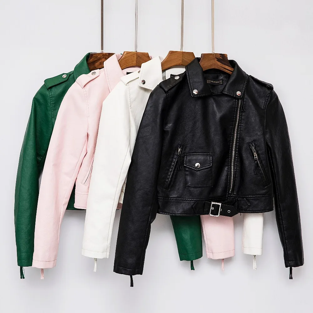 

Pu Leather Jacket Women Fashion Bright Colors Black Motorcycle Coat Short Faux Leather Biker Jacket Soft Jacket Female Green Hot