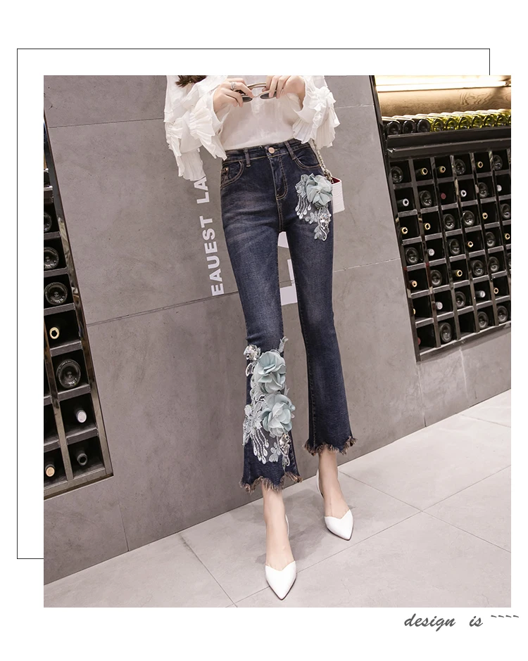 Высокая талия плюс размеры джинсы с 3D цветочной аппликацией Лето 2019 уличная Винтаж винтажные женские джинсы Femme узкие брюки