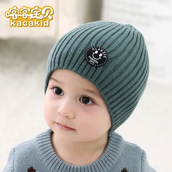 

Kacakid Winter new children's warmer hats Kids stripe caps baby boy girls knit smiley Hat Cap