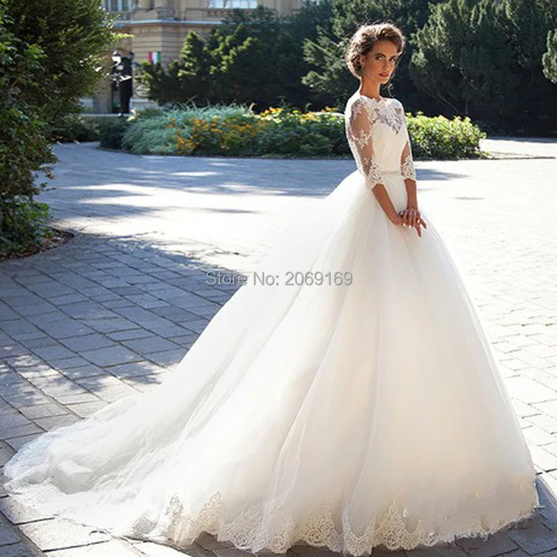 

Vestido De Noiva De Renda Three Quarter Sleeves Princess Wedding Dress With Crystal Belt 2019 Vintage Ball Gown Wedding Gowns